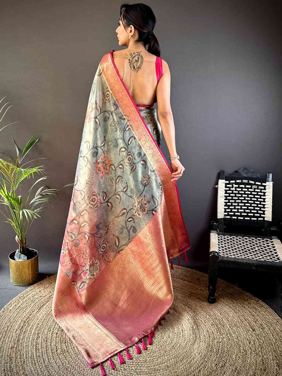 Omber Kalamkari Gold Zari Tissue Saree by My Store