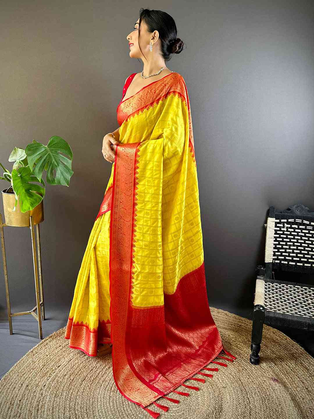 Sunshine Yellow Kovai Banarasi Silk Saree by My Store