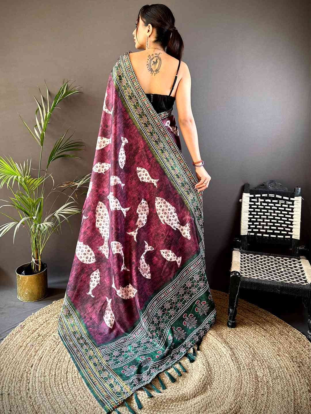 Dark Wine Soft Silk Fish Kalamkari Saree by My Store