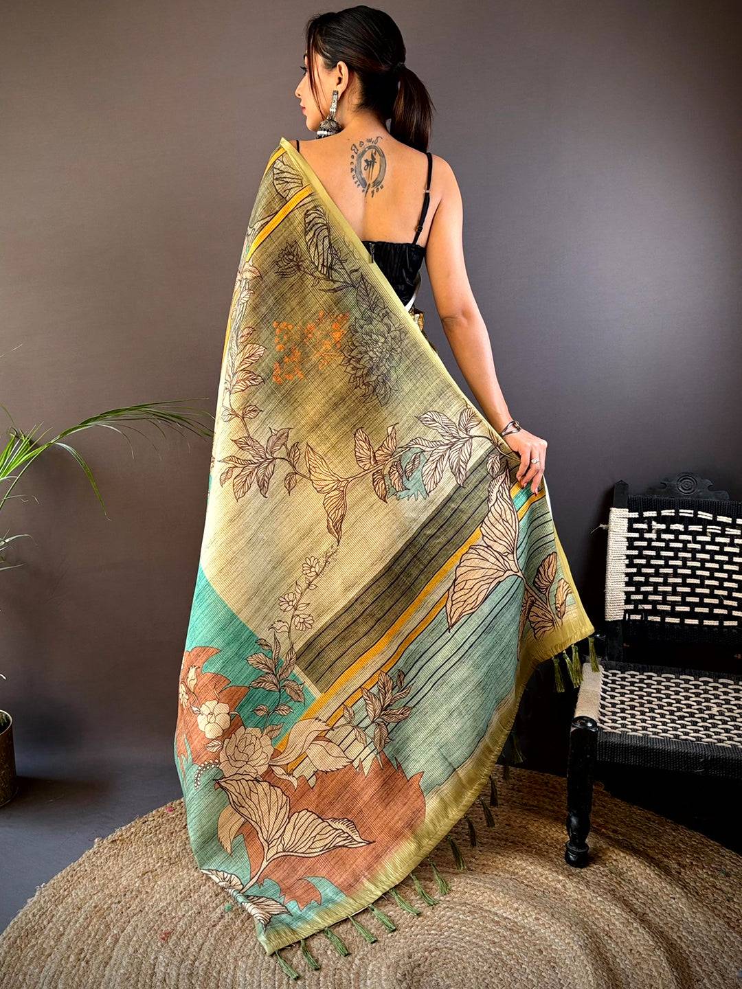Green Abstract Floral Zari Tussar Saree by My Store