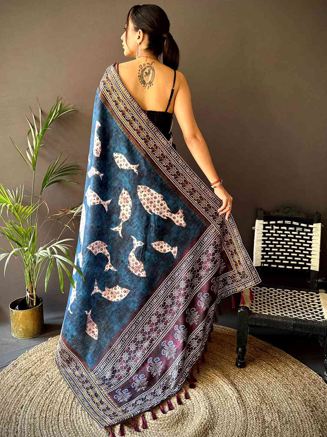 Dark Blue Soft Silk Fish Kalamkari Saree by My Store