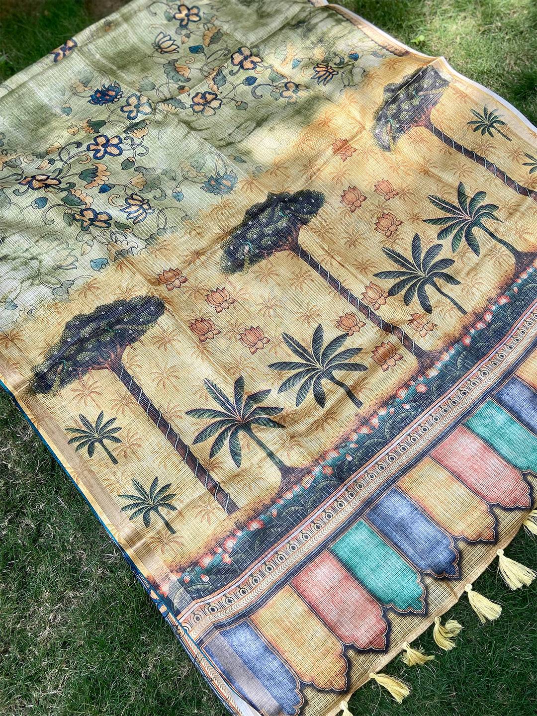 Light Green Kota Doriya Silk Saree With Floral Print by My Store