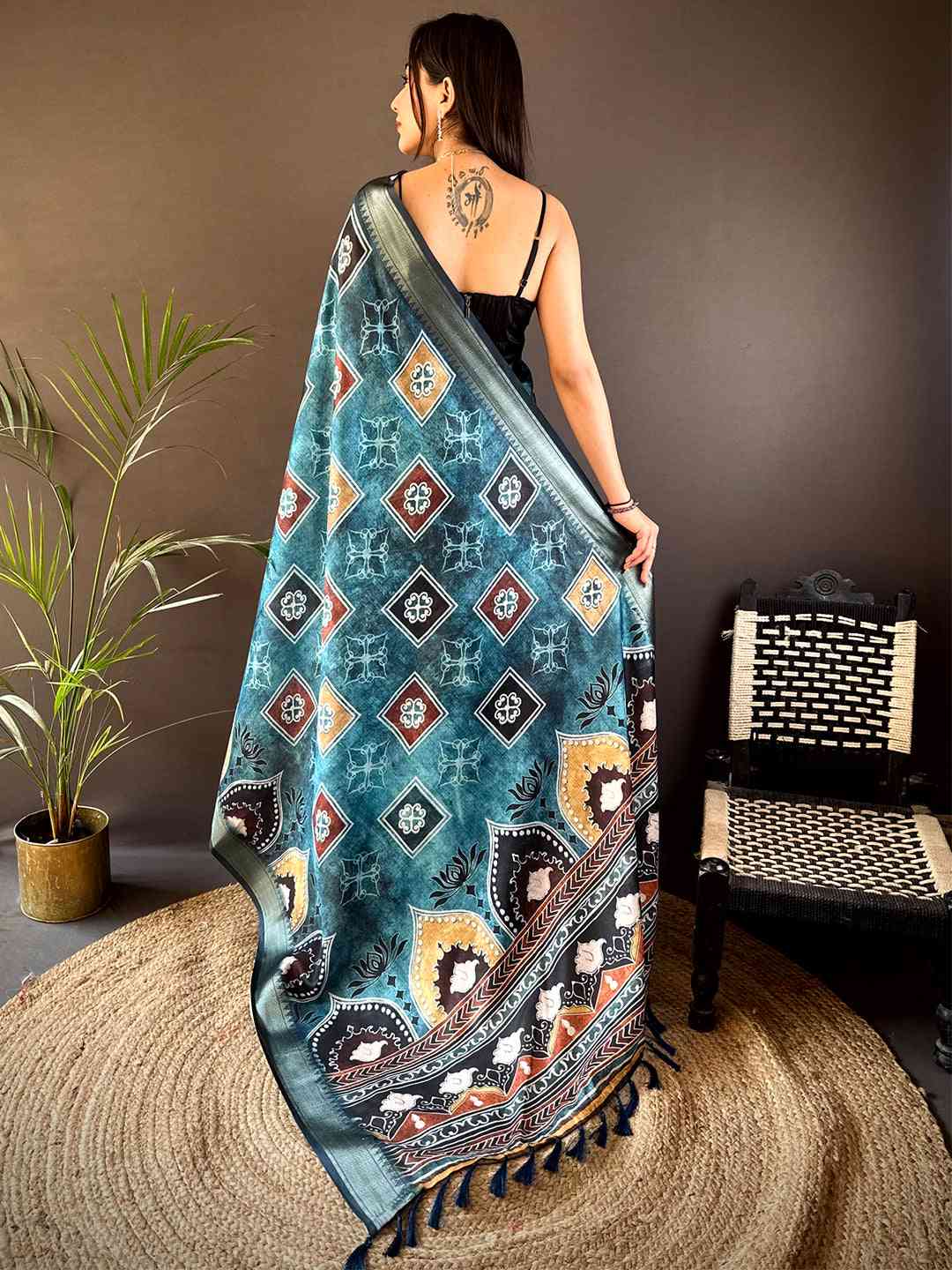 Teal Kota Doriya Zari Weave Digital Print Saree by My Store