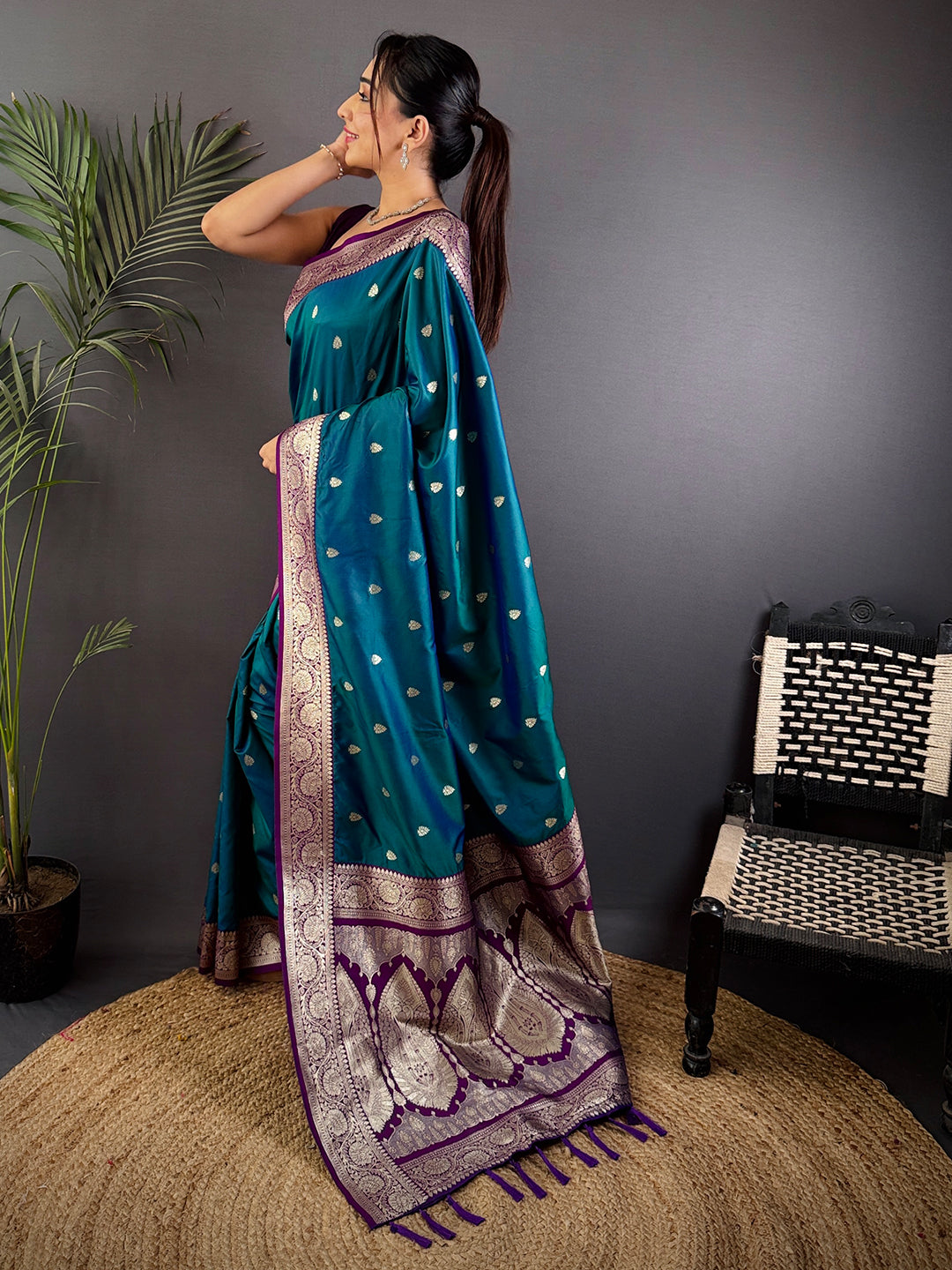 Teal Blue Soft Silk Feather Saree by My Store