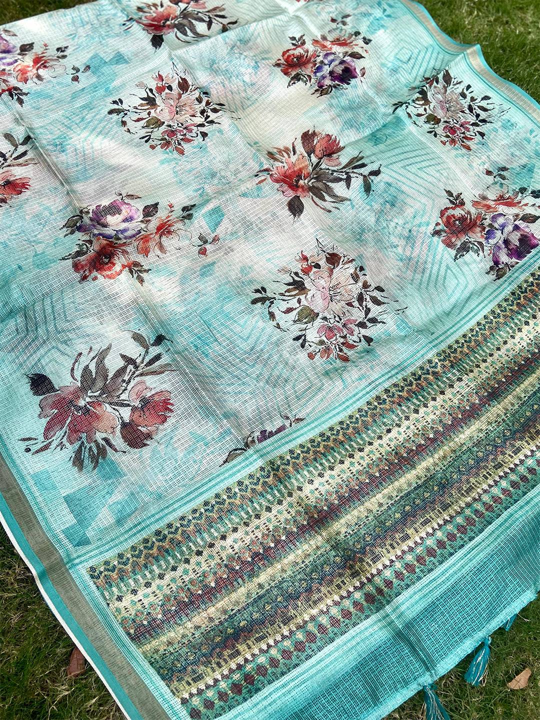 Traditional Turquoise Colour Soft Kota Doriya Silk Saree With Flower Print