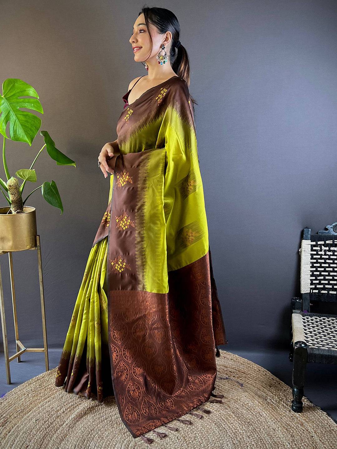 Green Sami Banarasi Tussar Silk Saree by My Store