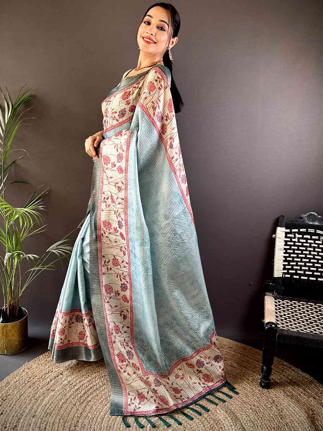 Sky Blue Soft Silk Floral Digital Saree by My Store