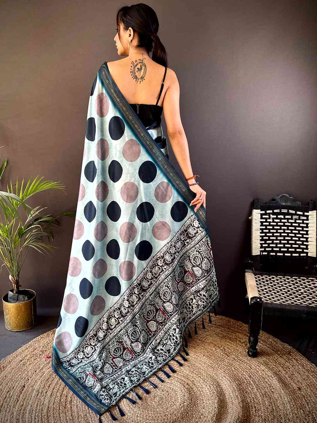 Sky Blue Soft Silk Polka Dot Print Saree by My Store