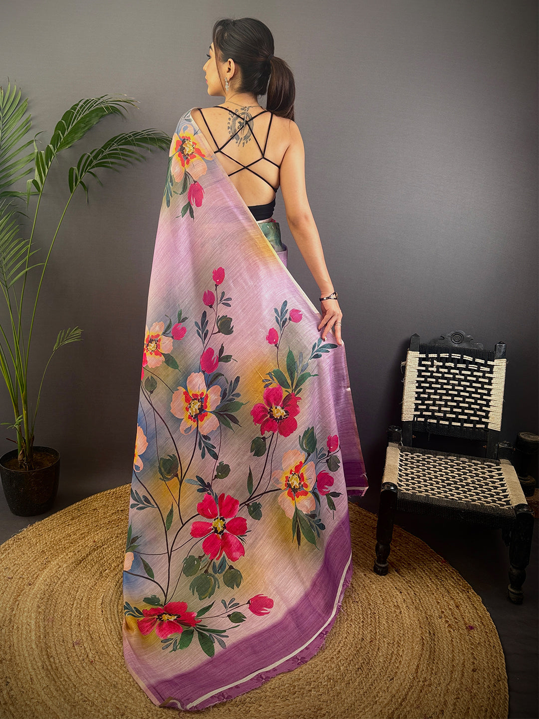 Purple Linen Chanderi Floral Print Saree by My Store