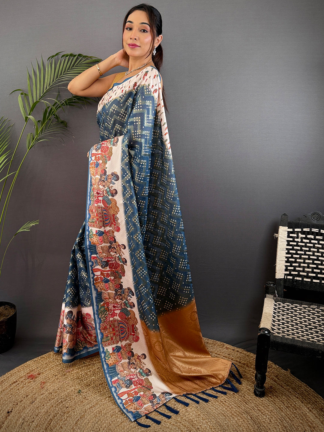 Teal Blue Madhubani Print Soft Silk Saree by My Store