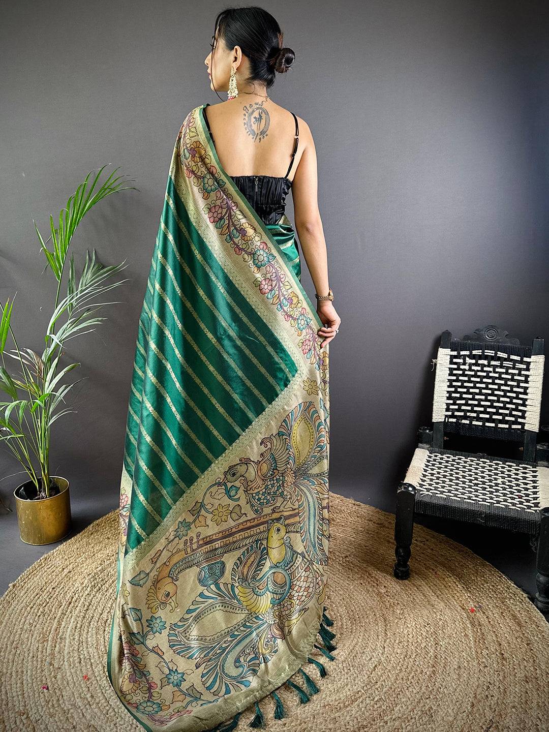 Green Geometric Zari And Kalamkari Silk Saree by My Store