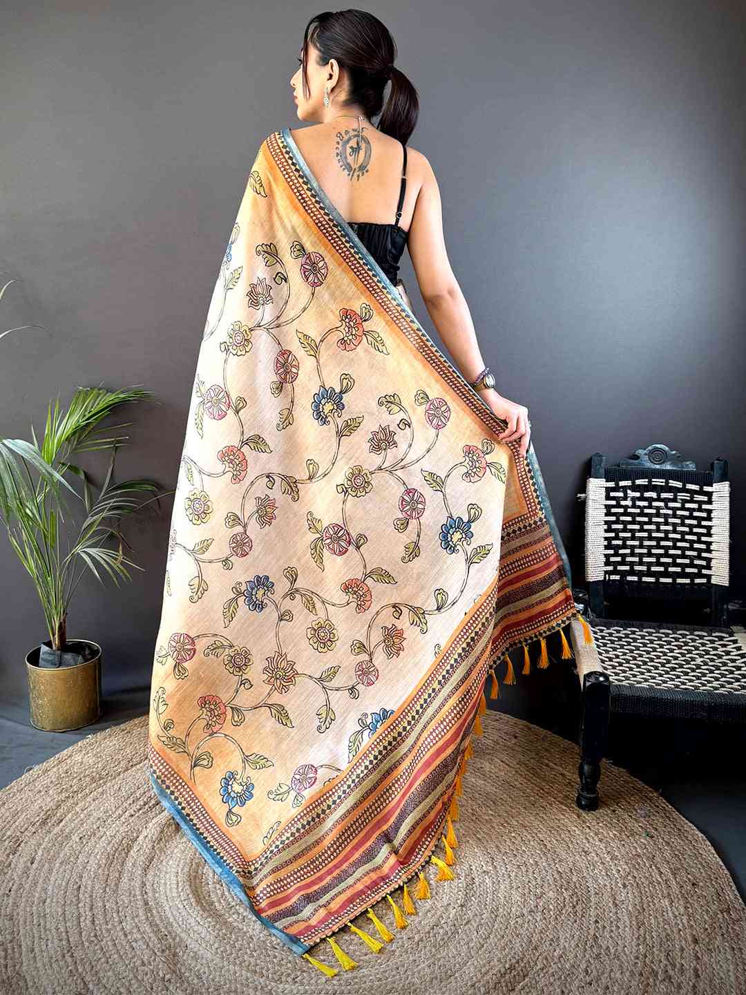 Radiant Orange Zari Tussar Floral Saree by My Store