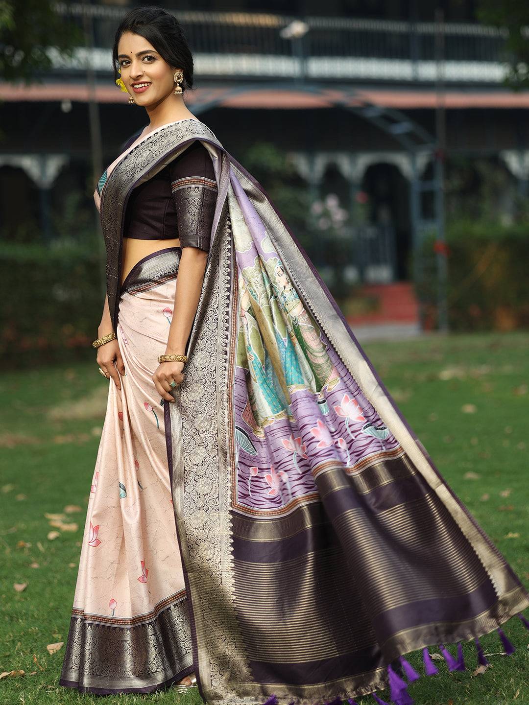 Peach Colour Batik Pen kalamkari Saree With Zari Weaving Pallu - Luxe by My Store