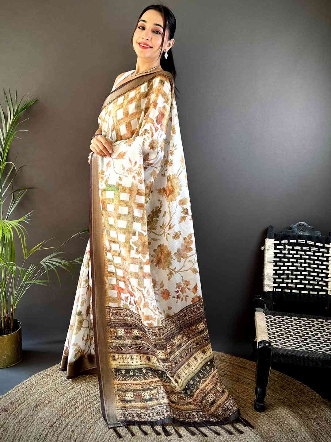 Coffee Brown Kota Doriya Floral Print Saree by My Store