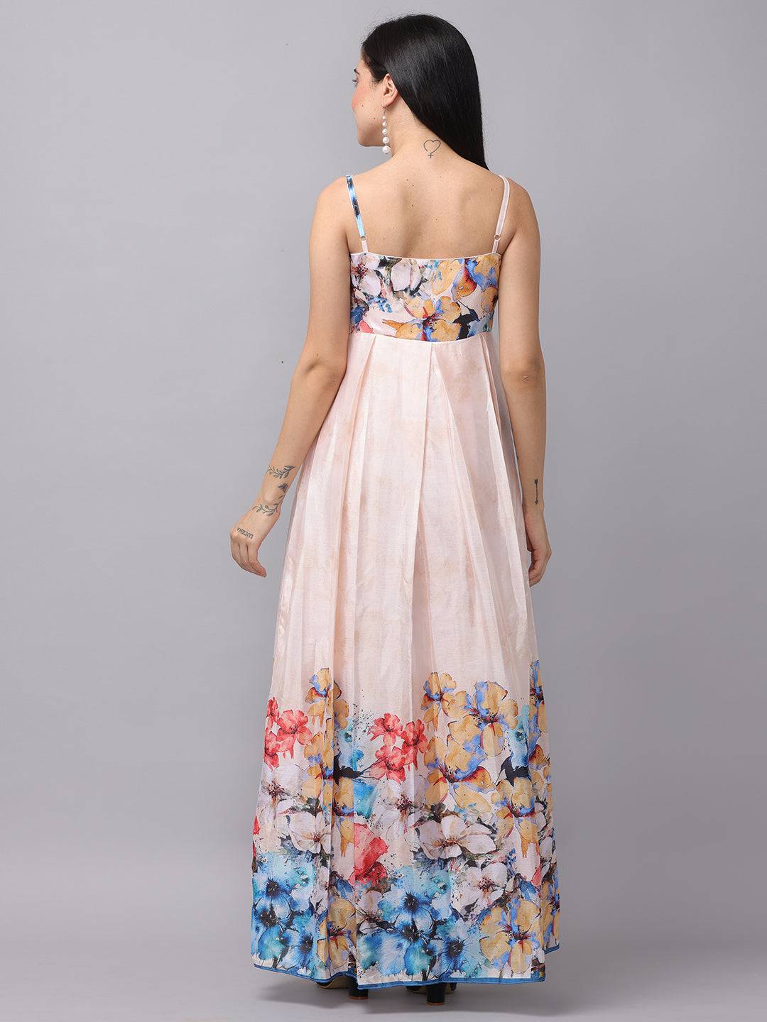 Cream Printed Floral Dress by My Store