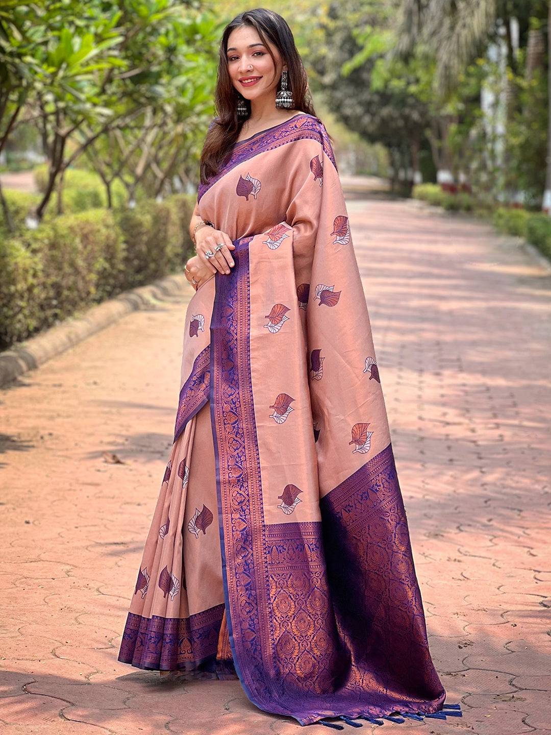 Pastel Peach Kanjivaram Tissue Saree With Gold Zari Weaving by My Store