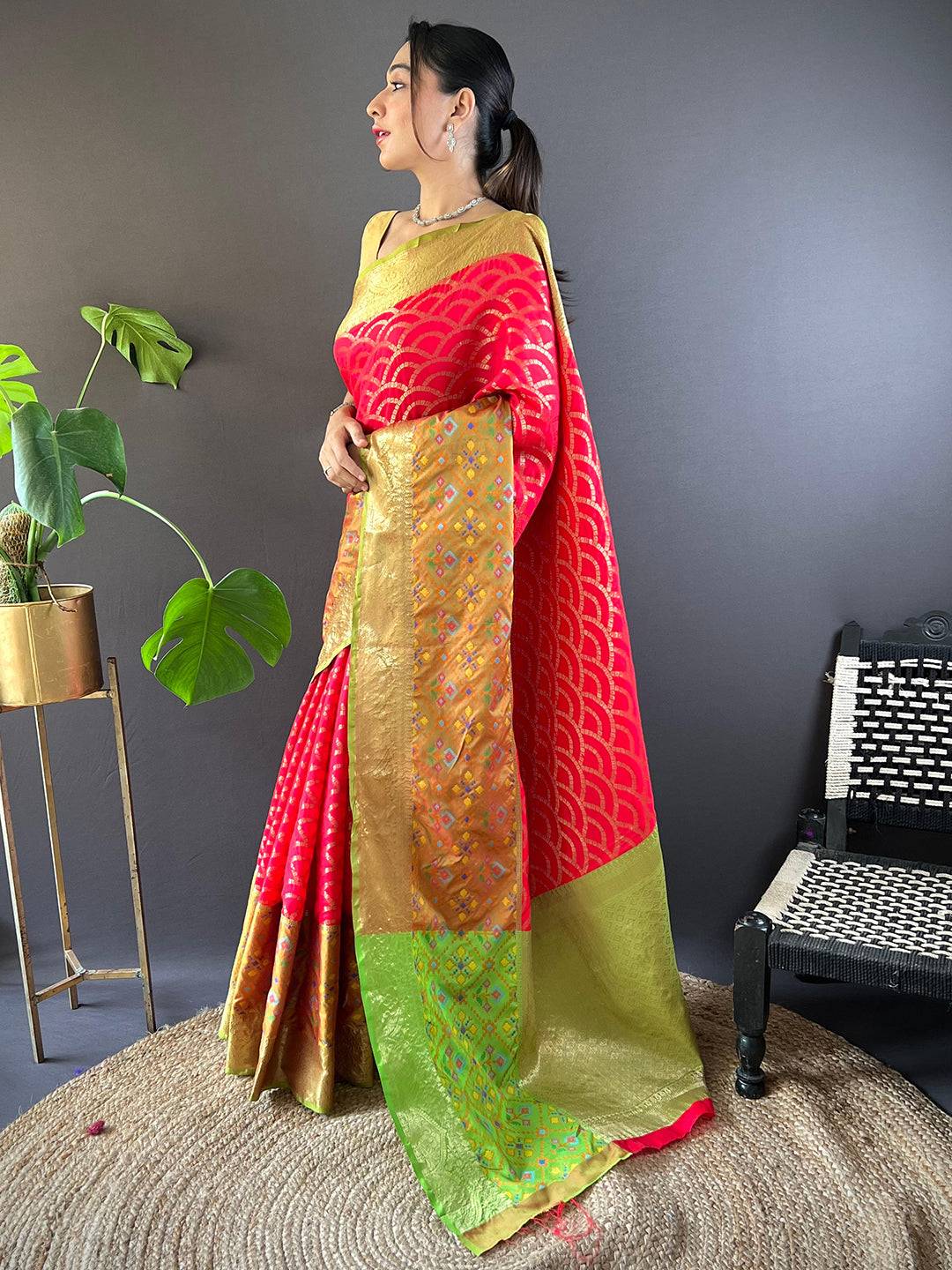 Red Katan Silk Ikkat Saree
