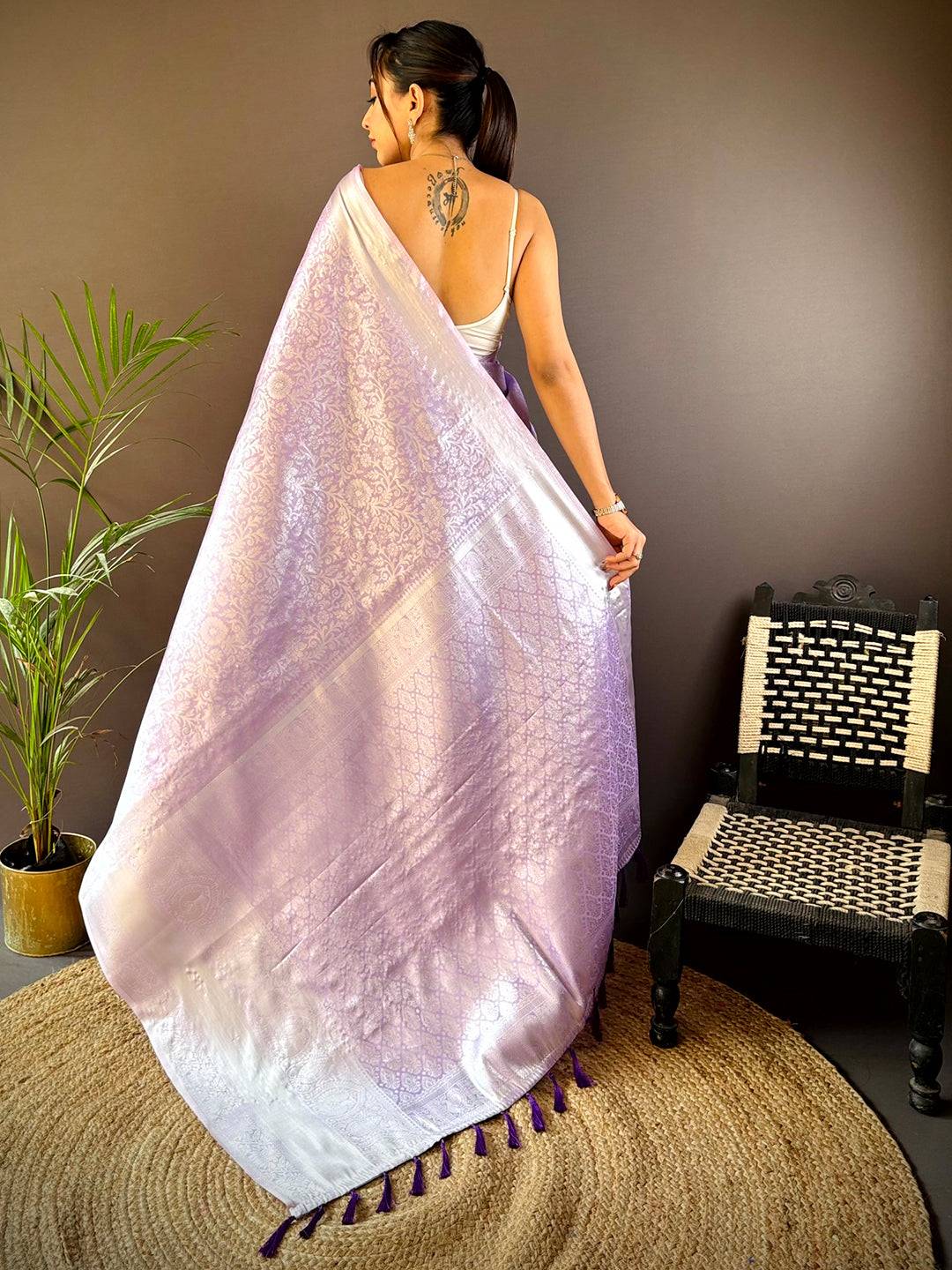 Lavender Banarasi Kanjivaram Silk Saree by My Store