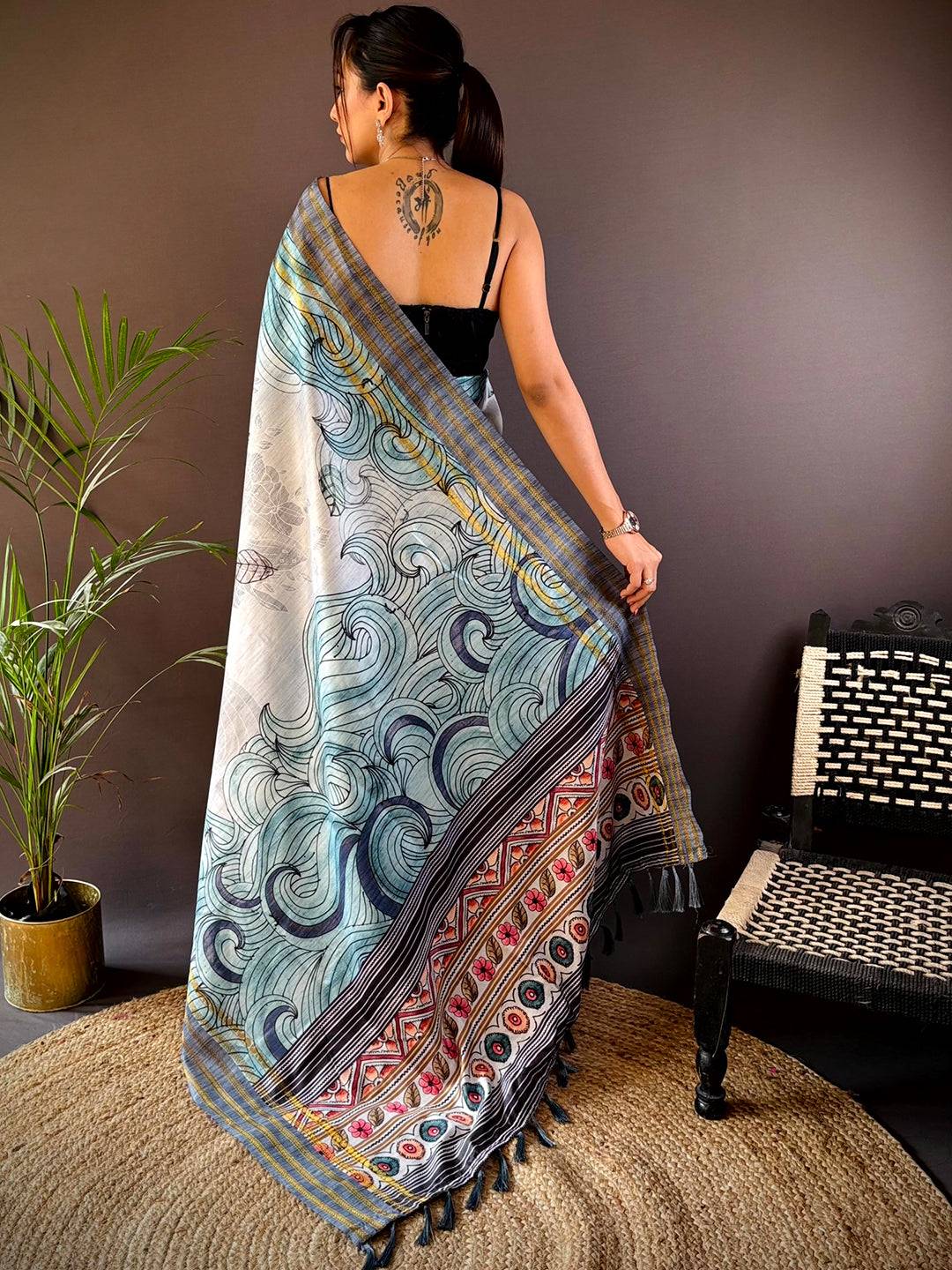 Blue Soft Silk Ocean Wave Patterns Saree