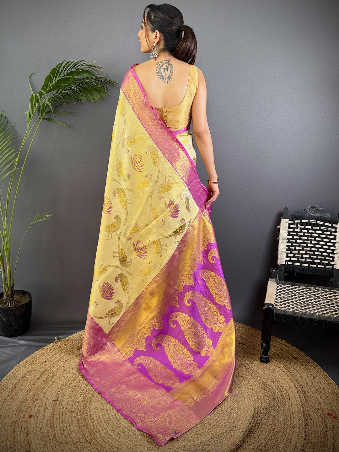 Beige Dharmavaram Gold Birds Print Saree