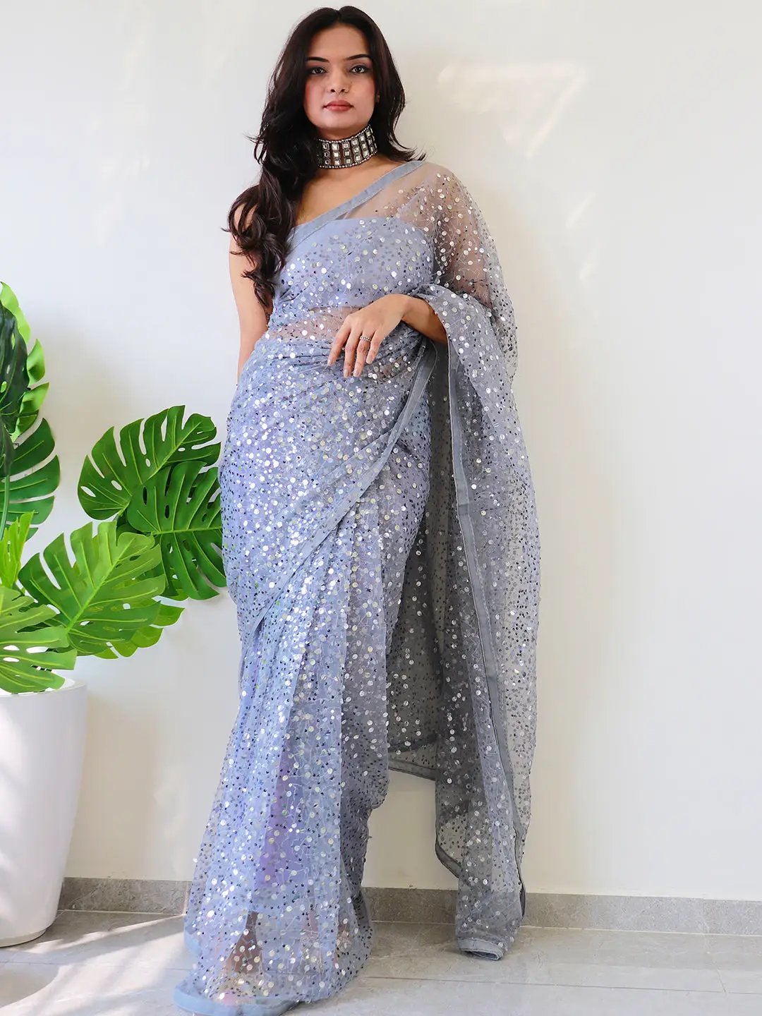 Beautiful Net Saree With Sequins Embroidery Work