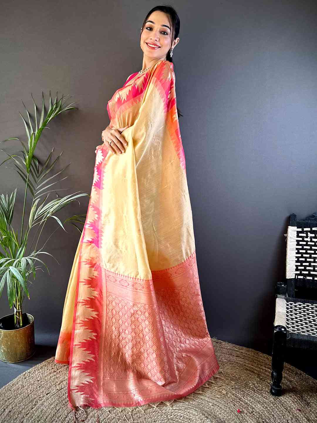 Cream Banarasi Raw Silk Ikkat Saree by My Store