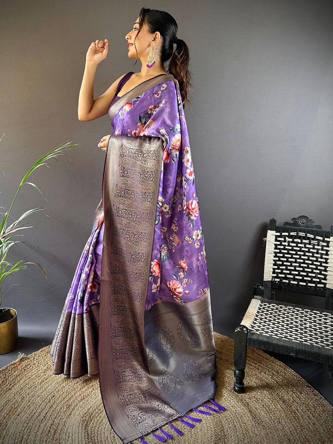 Purple Satin Silk Floral Print Saree by My Store