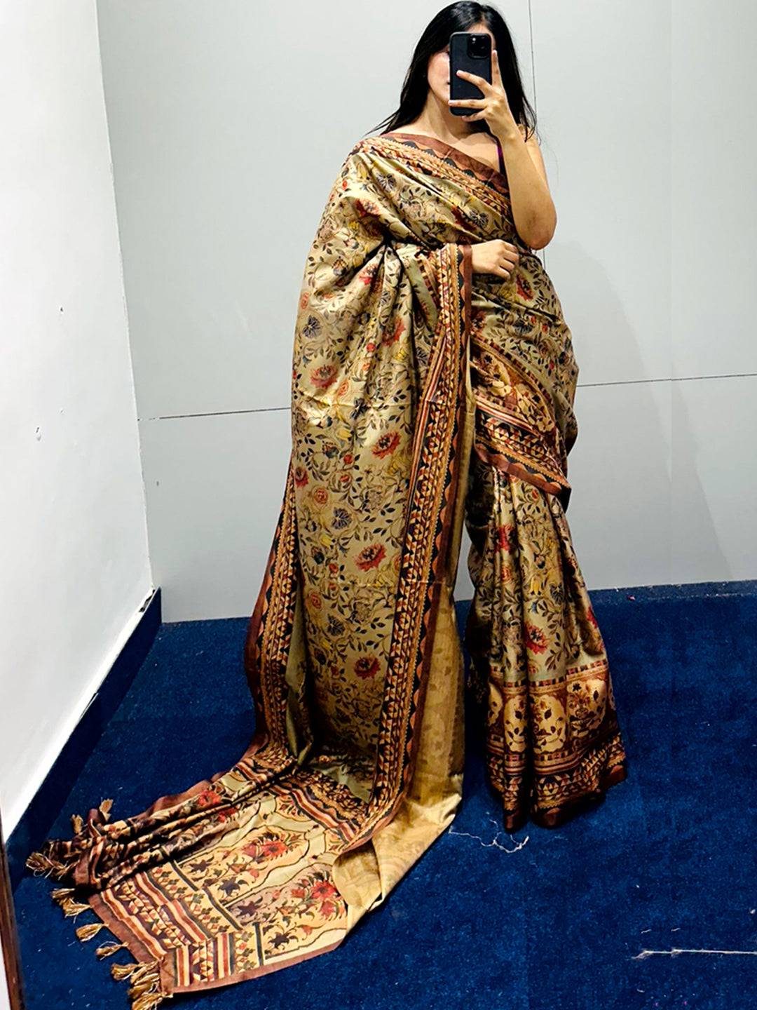 Olive Tussar Silk Flower Pashmina Print Saree by My Store