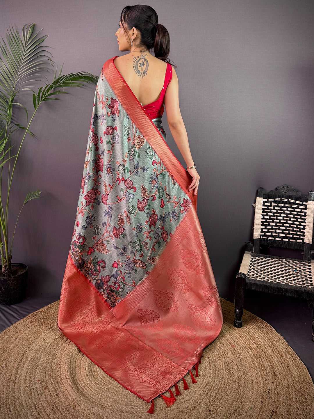 Sea Green Cherry Satin Kalamkari Saree by My Store