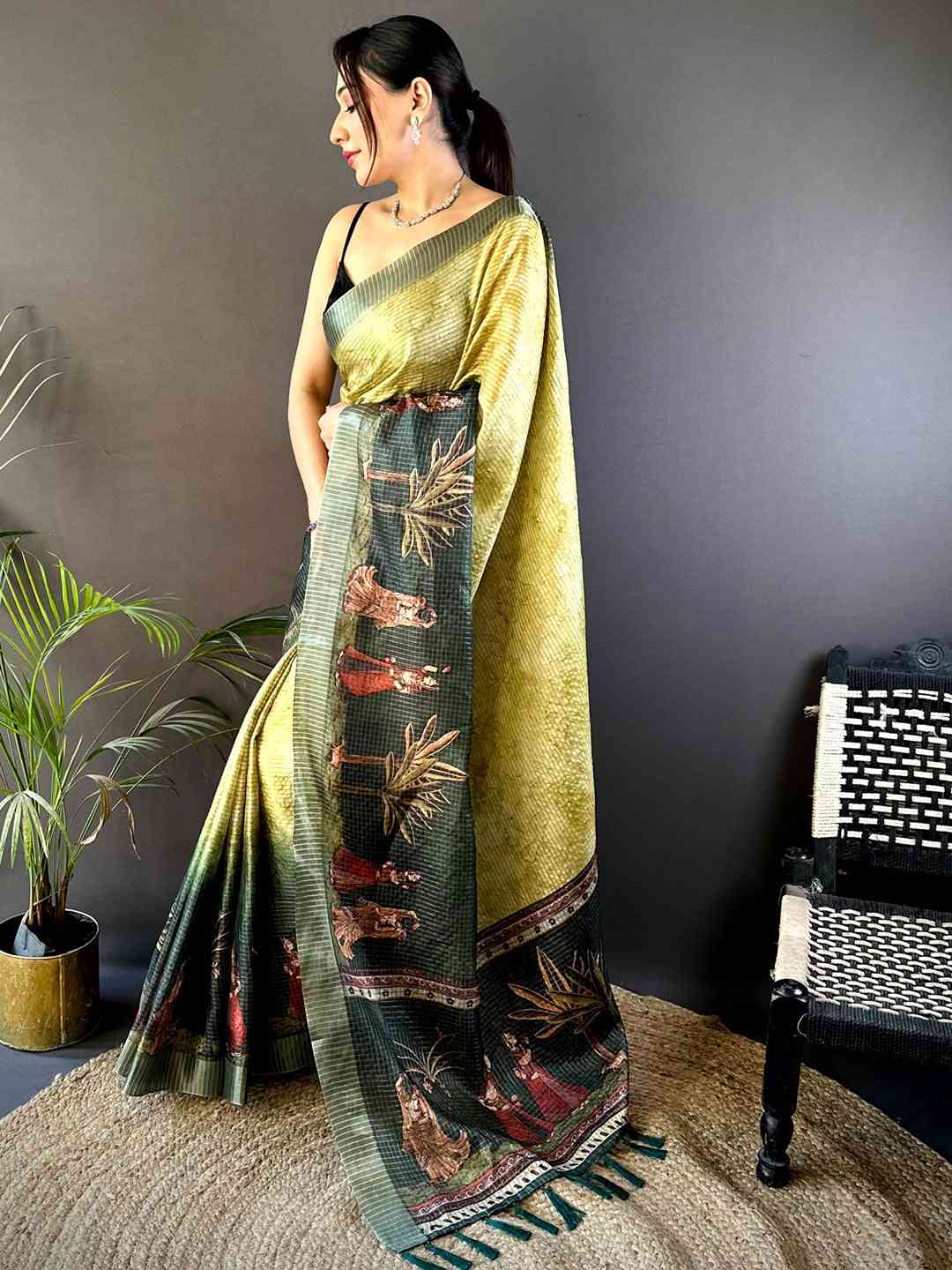 Olive Kalamkari Pichwai Black Check Saree by My Store