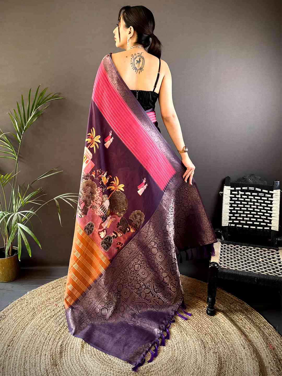 Dark Pink Soft Crepe Silk Digital Ombre Saree by My Store