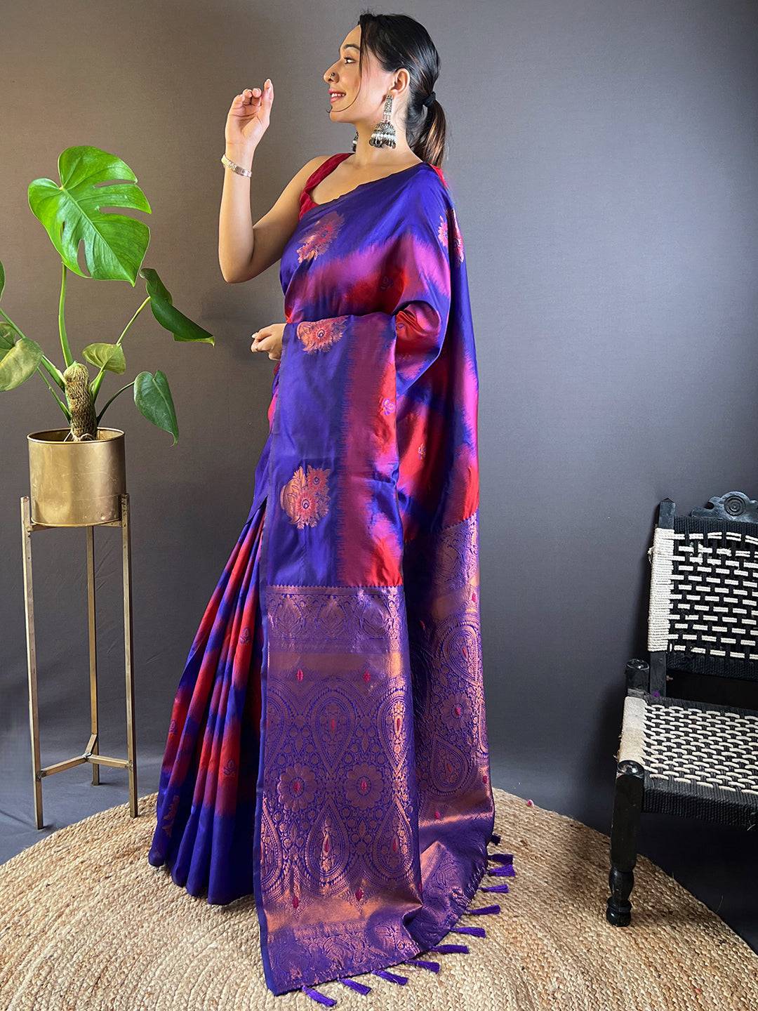 Rose Red Tussar Silk Ikkat Weaving Saree by My Store