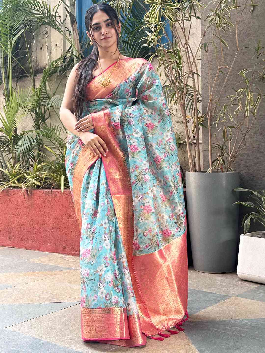 Trendy Turquoise Colour Digital Flower Print Kota Silk Saree