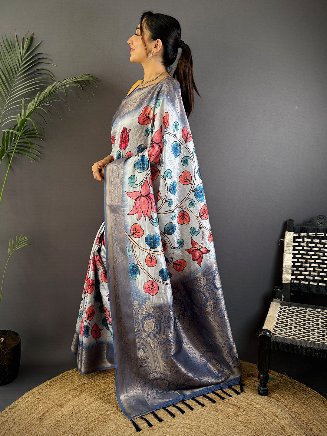 Blue Freehand Design Gadwal Saree