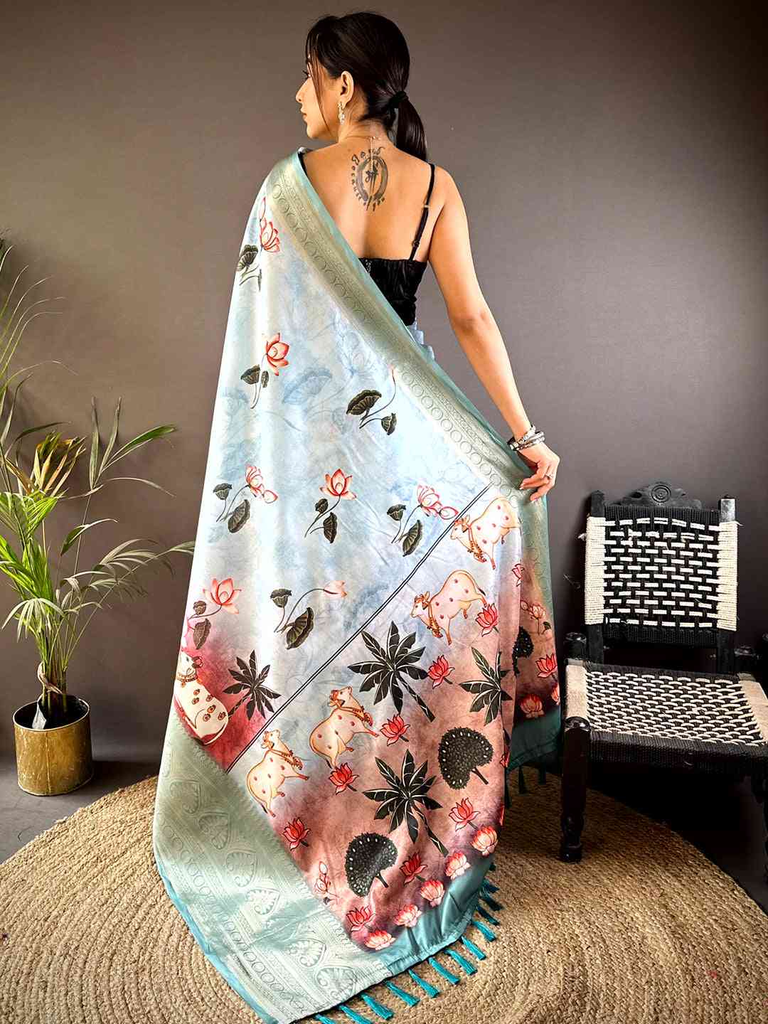 Sky Blue Pichwai Print Soft Silk Saree by My Store