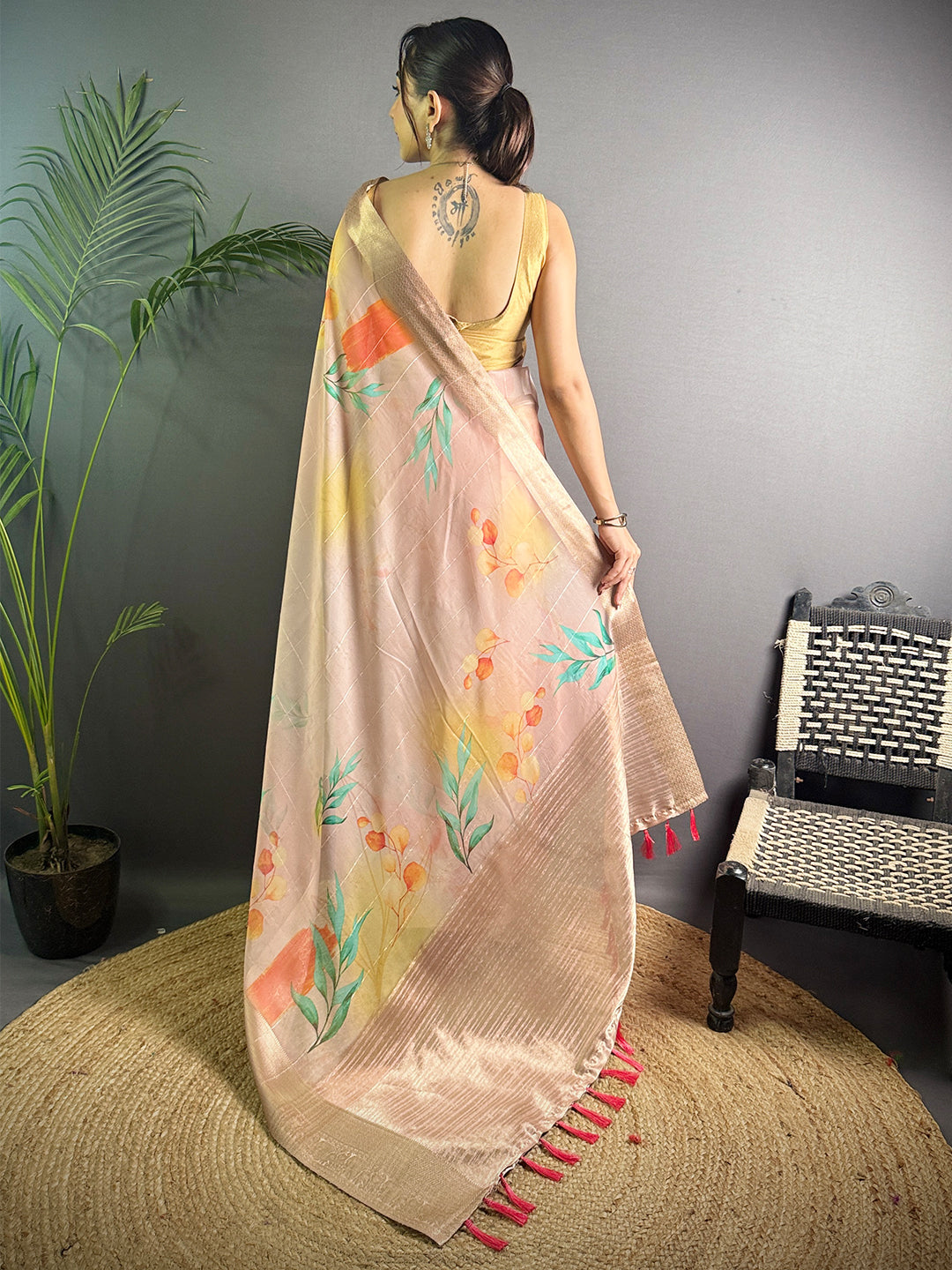 Blush Pink Soft Organza Silk Floral Saree by My Store