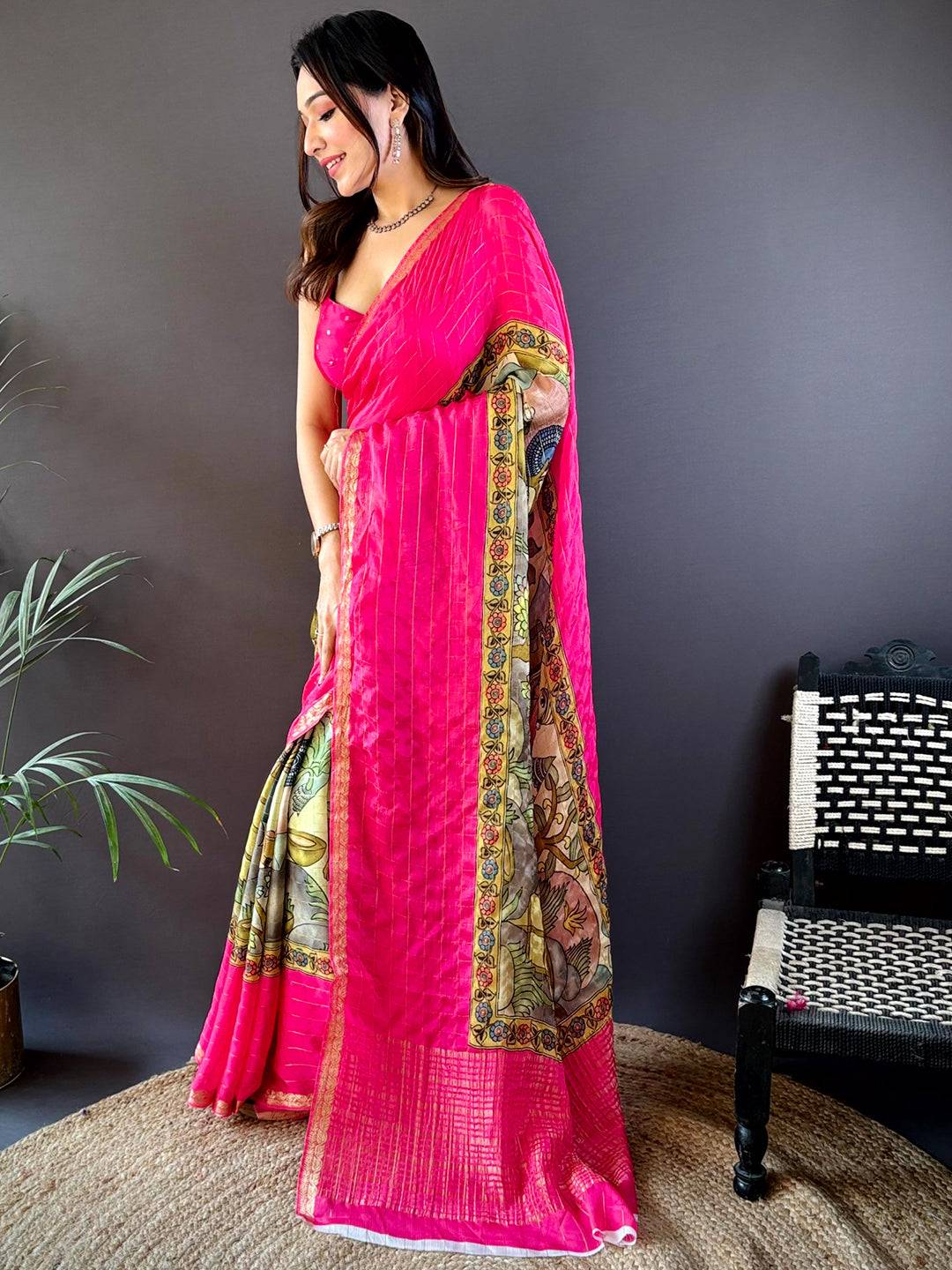 Pink Kalamkari Printed Viscos Chiffon Saree