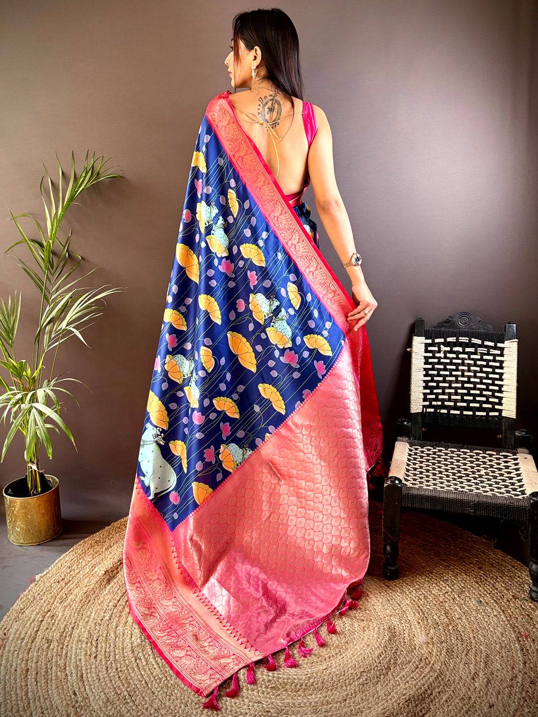 Navy Blue Soft Silk Saree With Pichwai Kalamkari Print by My Store
