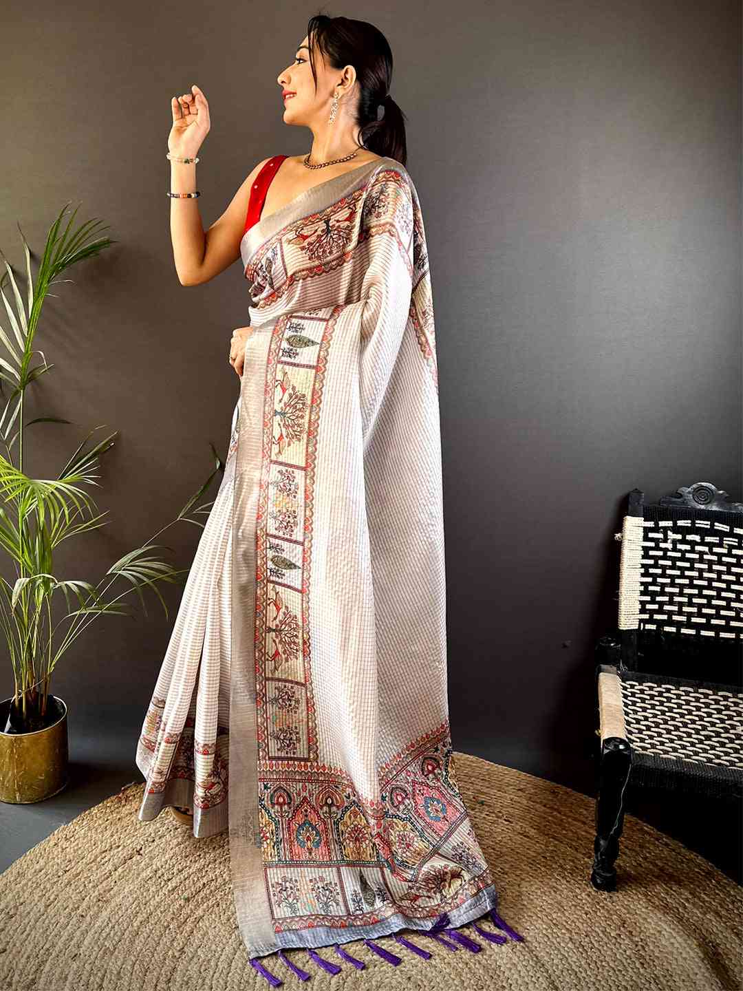 Graceful Off White Soft Silk Chex Saree by My Store