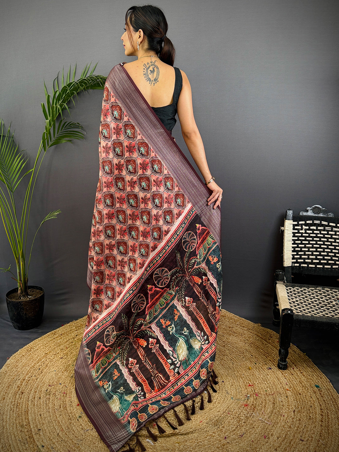 Peach Linen Block Kalamkari Print Saree by My Store