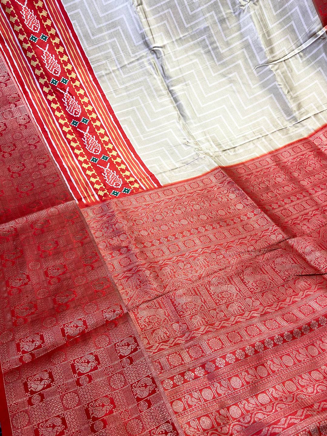 Beige Geometric Silk Saree