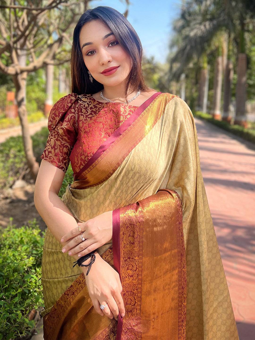 Gold Colour Kanjivaram Aura Soft Silk Saree With Broced Zari Blouse by My Store