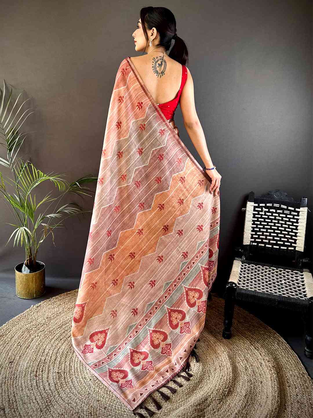 Rust Tissue Chanderi Geometric Floral Saree by My Store