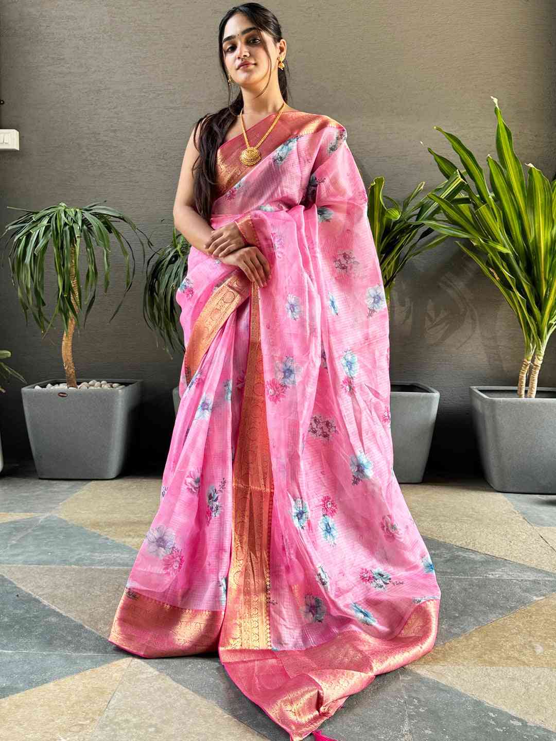 Latest Pink Colour Digital Flower Print Kota Silk Saree by My Store