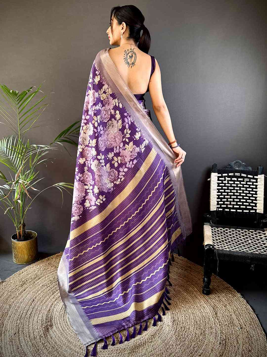 Purple Tussar Chex Floral Saree by My Store