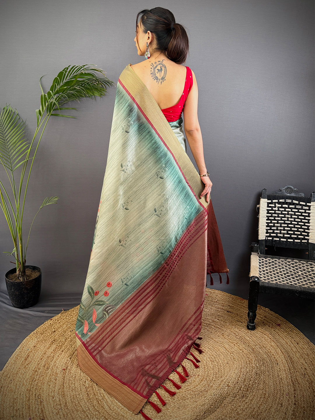 Rama Tussar Silk Digital Print Saree by My Store