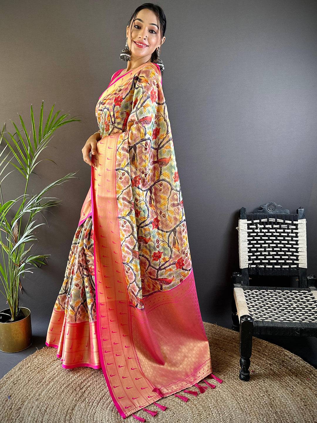 Cream Kalamkari Paithani Kora Silk Saree by My Store