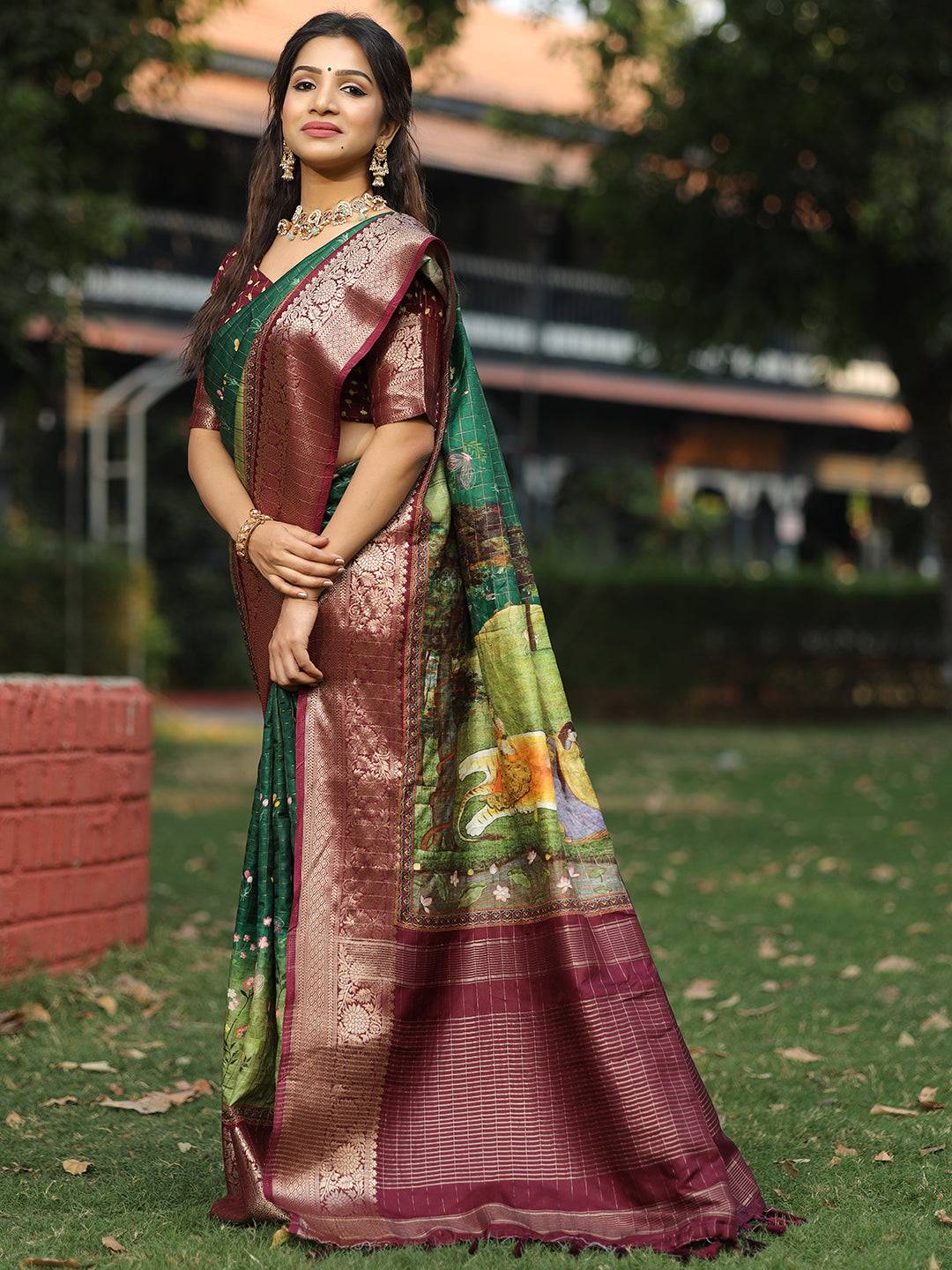 Bottle Green Colour Pure Viscose Dola Silk Saree With Mughal Motifs - Luxe by My Store