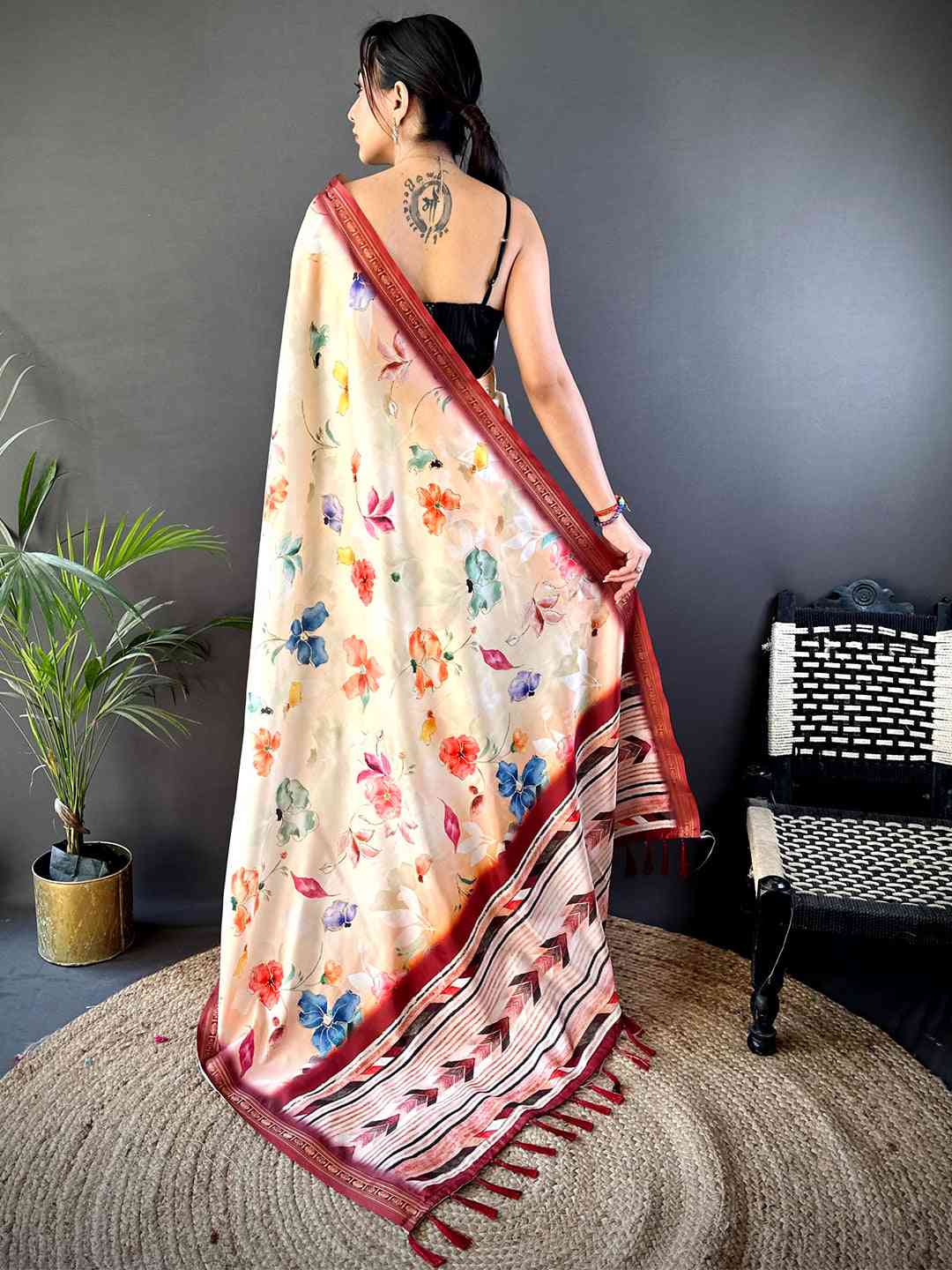 Peach Floral Digital Print Silk Saree by My Store