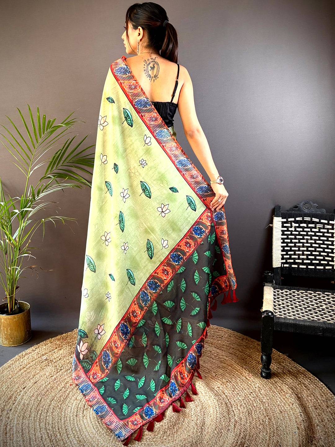 Green Georgette Pichwai Print Saree by My Store